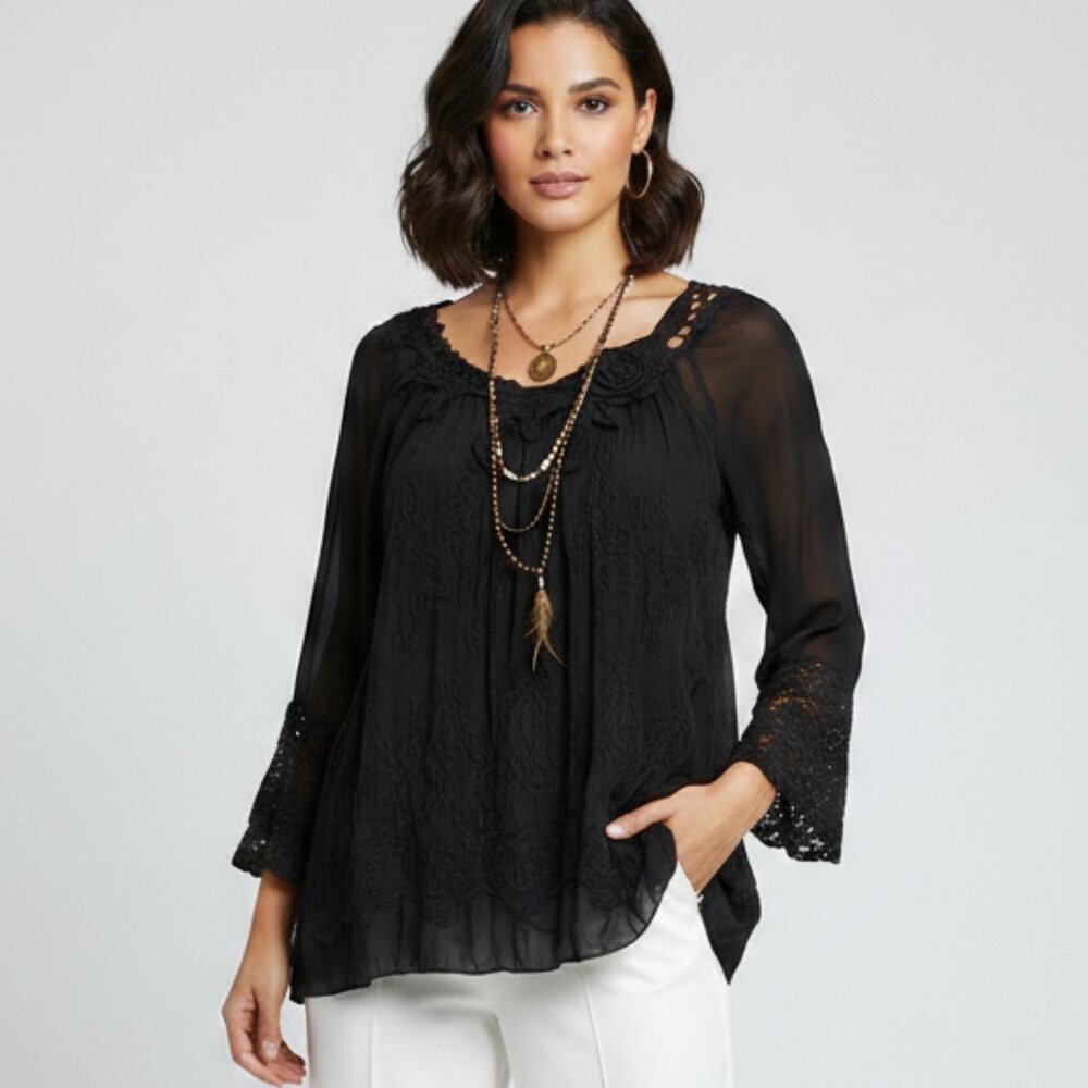 Beyond Capri Embroidered Beaded Lace Boho Tunic Blouse